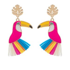 Toucan Bird Raffia Tassel Earrings
